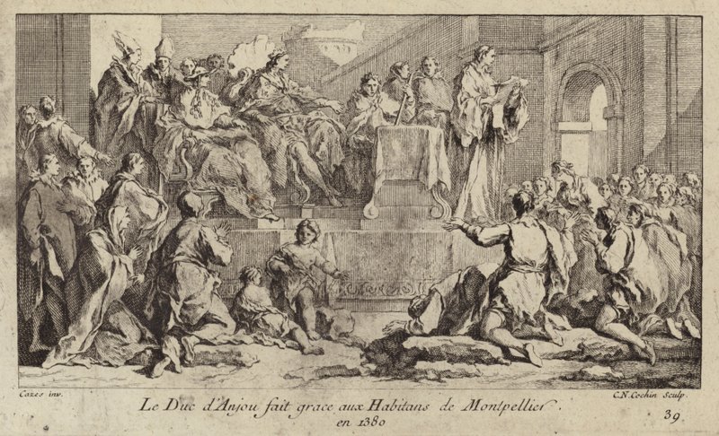 Ludwik I, książę Anjou, regent króla Francji Karola VI, składający podziękowania mieszkańcom Montpellier autorstwa Charles Nicolas II Cochin