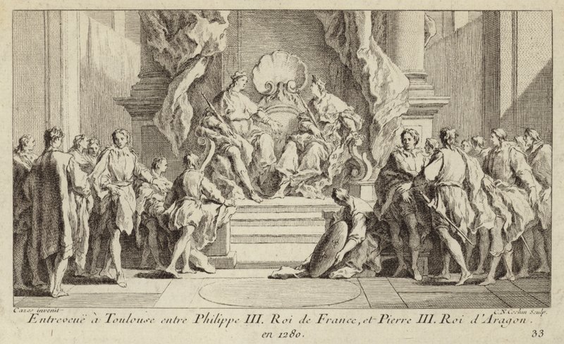 Spotkanie w Tuluzie króla Francji Filipa III i króla Piotra III Aragonii autorstwa Charles Nicolas II Cochin