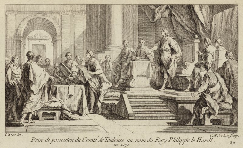 Posiadanie hrabstwa Tuluzy w imieniu króla Filipa III Francji autorstwa Charles Nicolas II Cochin