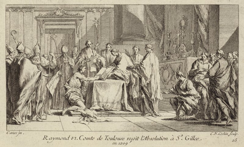 Rajmund VI, hrabia Tuluzy, ukorzy się w kościele St Gilles, aby zdjąć ekskomunikę autorstwa Charles Nicolas II Cochin
