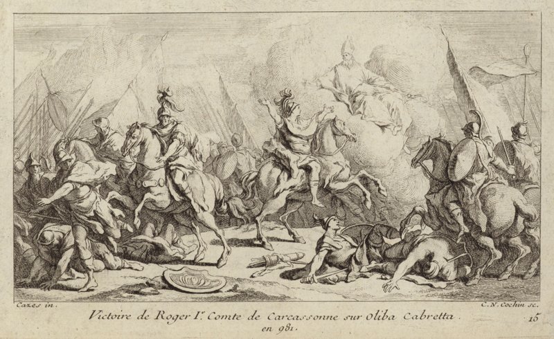 Zwycięstwo Rogera I, hrabiego Carcassonne, nad Oliba Cabreta, 981 (grafika) autorstwa Charles Nicolas II Cochin