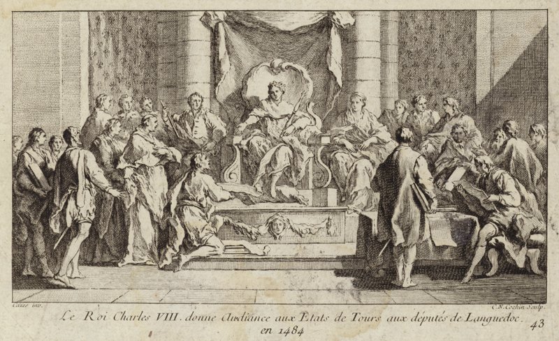 ch Karol VIII z Francji przesłuchiwał deputowanych z Langwedocji w stanach generalnych w Tours autorstwa Charles Nicolas II Cochin