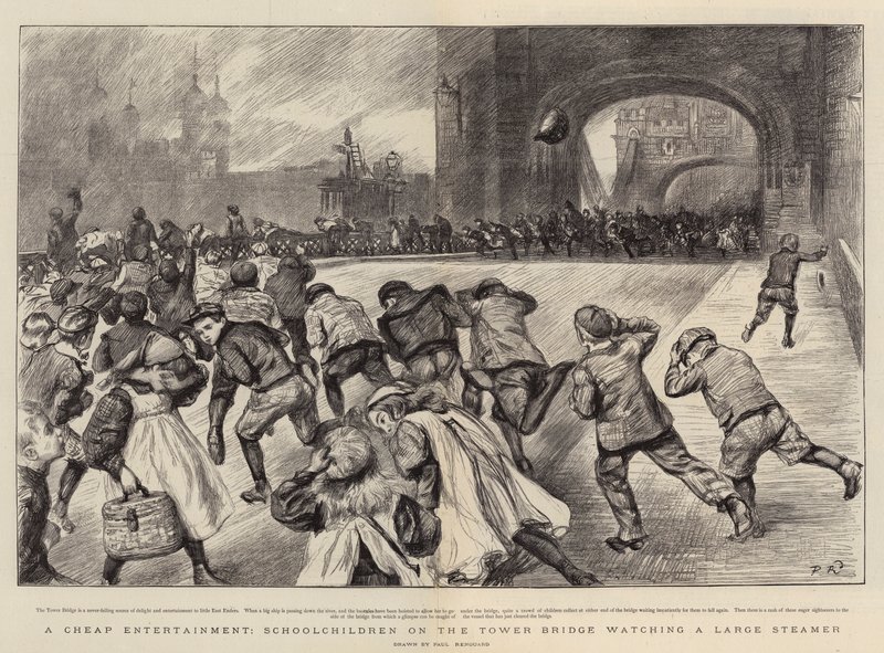 Tania rozrywka, uczniowie na Tower Bridge oglądający duży parowiec autorstwa Charles Paul Renouard
