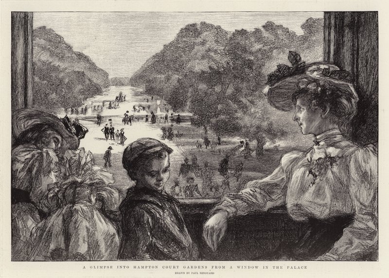 Spojrzenie na ogrody Hampton Court z okna pałacu autorstwa Charles Paul Renouard