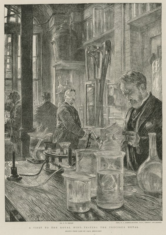 Wizyta w Mennicy Królewskiej; badanie metalu szlachetnego (grawerowanie) autorstwa Charles Paul Renouard