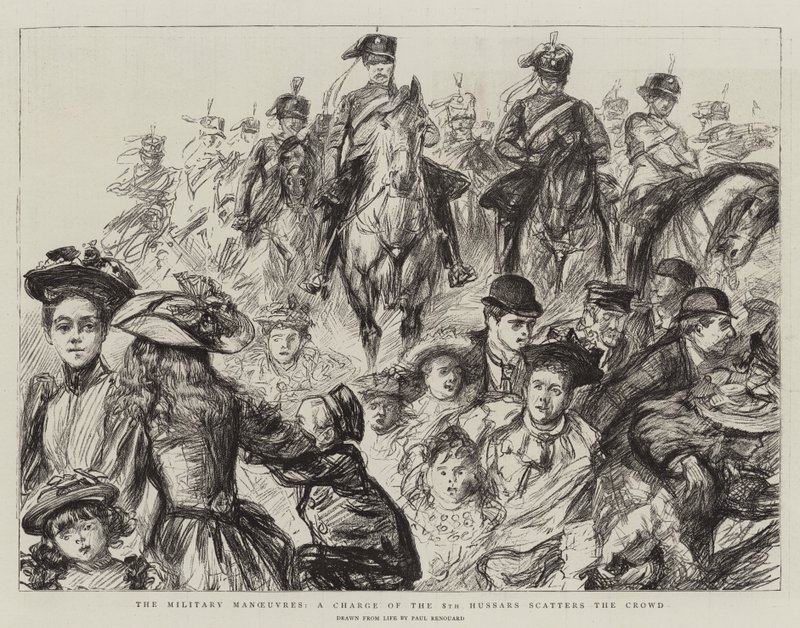 Manewry wojskowe, szarża 8. Huzarów rozprasza tłum autorstwa Charles Paul Renouard