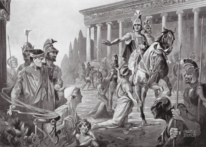 Aleksander podczas zdobycia Teb, p.n.e. 335 (litografia) autorstwa Charles Rebel Stanton