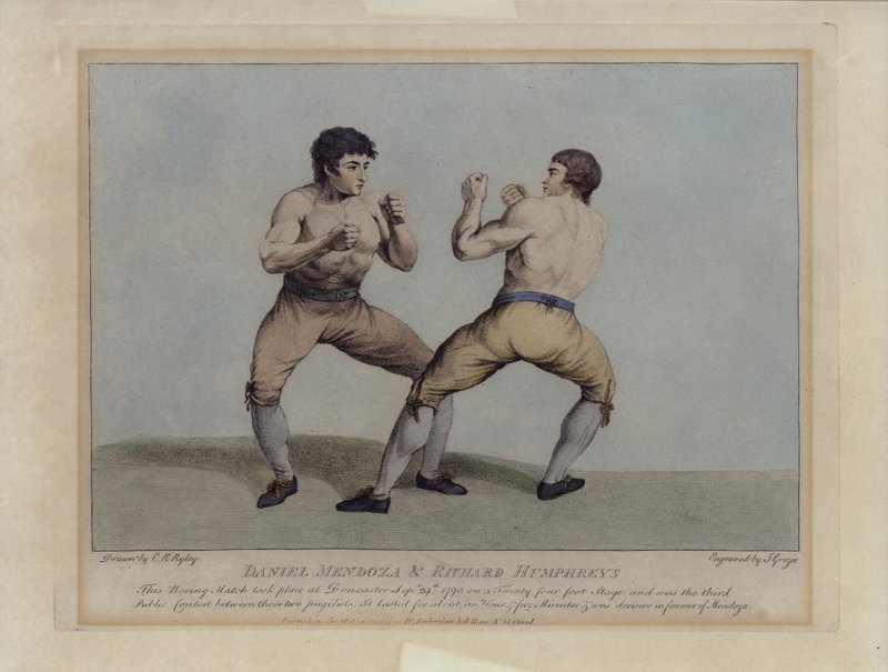 Angielscy zawodnicy Daniel Mendoza i Richard Humphreys podczas meczu bokserskiego 29 września 1790 r. (grawerowanie) autorstwa Charles Reuben (after) Ryley