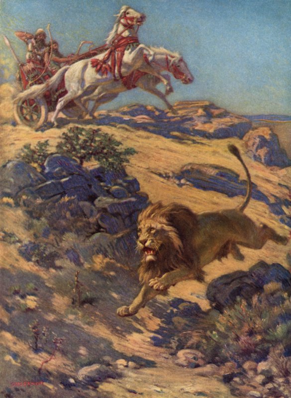 Polowanie na lwy w starej Asyrii (kolorowa litografia) autorstwa Charles Robert Knight