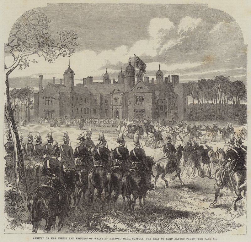 Przybycie księcia i księżnej Walii do Melford Hall w Suffolk, siedziby lorda Alfreda Pageta autorstwa Sir John Charles Robinson