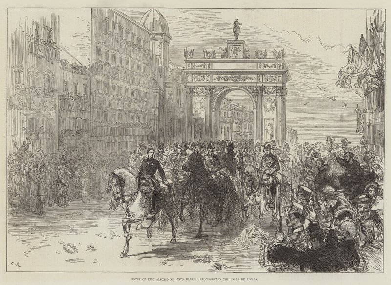 Wjazd króla Alfonsa XII do Madrytu, procesja na Calle de Alcala autorstwa Sir John Charles Robinson