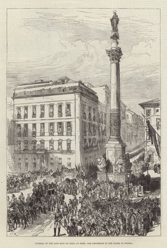Pogrzeb zmarłego króla Włoch w Rzymie, procesja na Piazza di Spagna autorstwa Sir John Charles Robinson