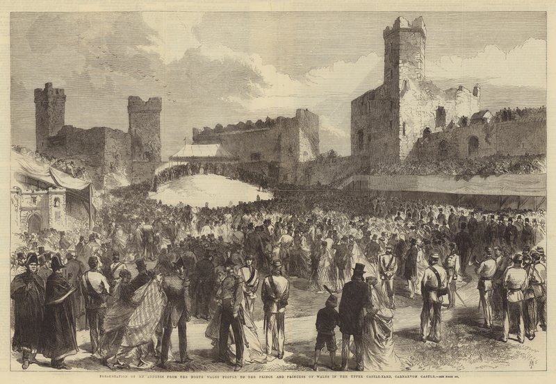 Prezentacja przemówienia ludu północnej Walii do księcia i księżnej Walii w Upper Castle-yard, Carnarvon Castle autorstwa Sir John Charles Robinson