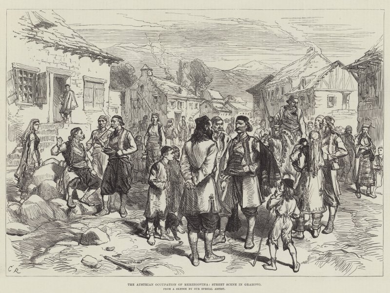 Austriacka okupacja Hercegowiny, scena uliczna w Grahovo autorstwa Sir John Charles Robinson
