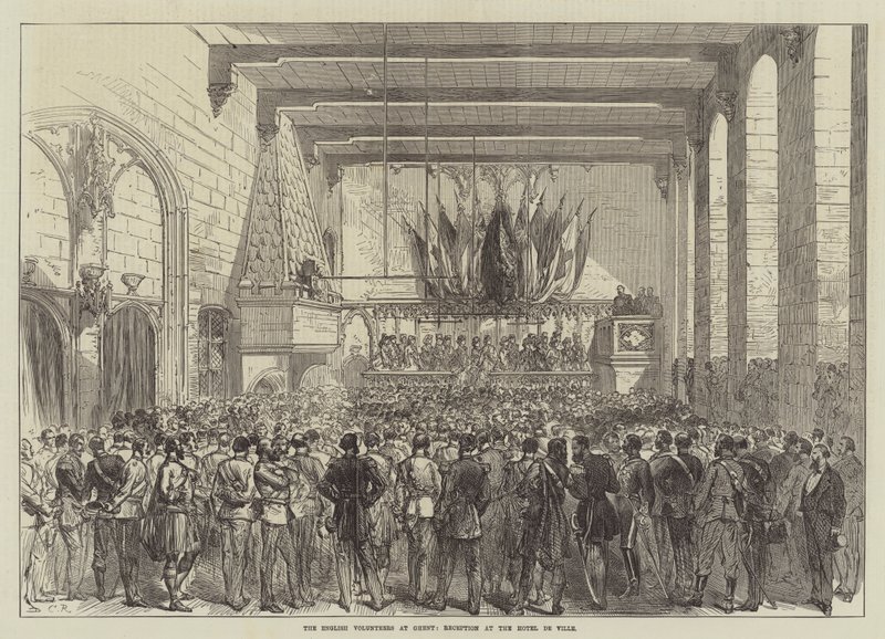 Angielscy wolontariusze w Gandawie, przyjęcie w Hotel de Ville autorstwa Sir John Charles Robinson
