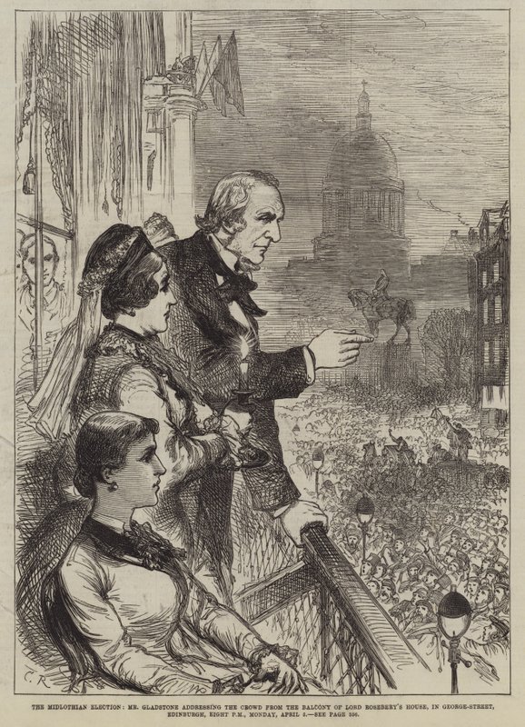 Wybory w Midlothian, pan Gladstone przemawiający do tłumu z balkonu Lord Rosebery House, George-Street, Edynburg, godz. 20:00, poniedziałek, 5 kwietnia autorstwa Sir John Charles Robinson