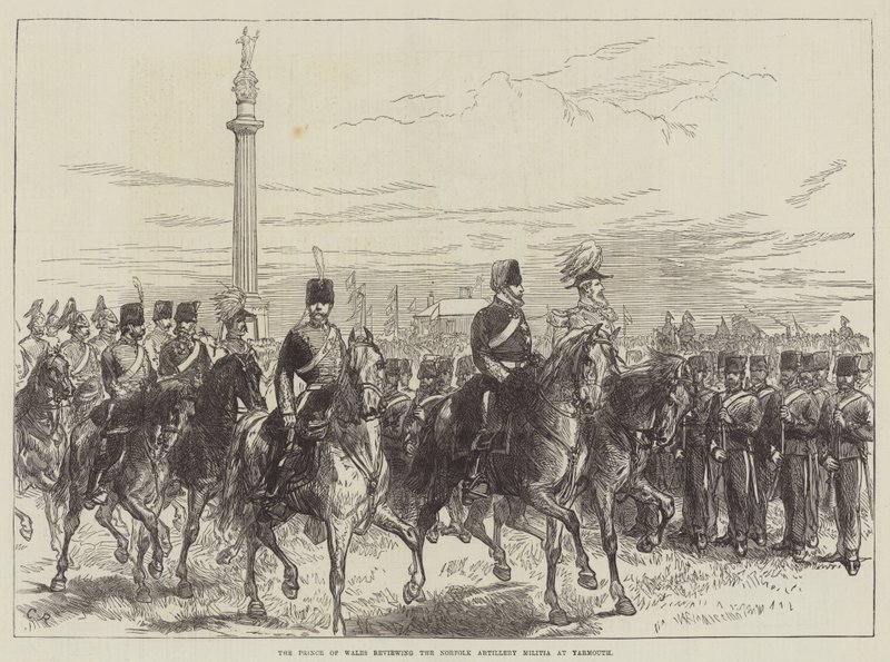 Książę Walii przegląda Norfolk Artillery Militia w Yarmouth autorstwa Sir John Charles Robinson