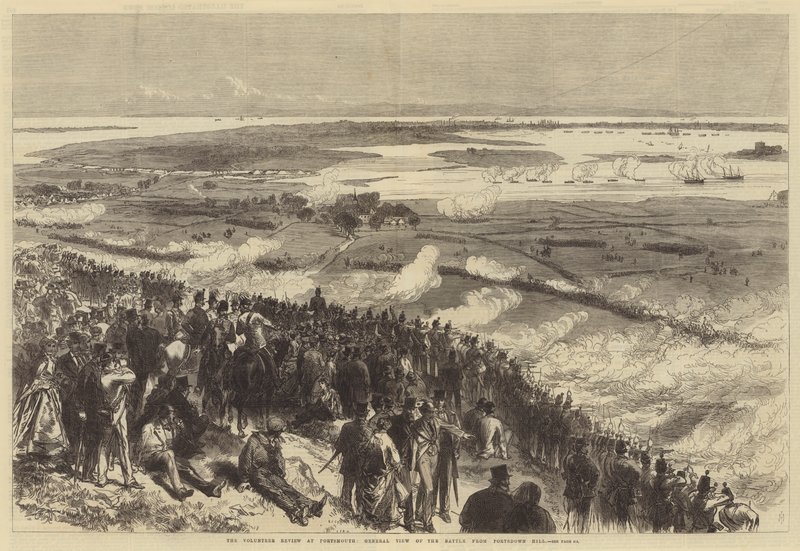 Przegląd Ochotników w Portsmouth, widok ogólny bitwy z Portsdown Hill autorstwa Sir John Charles Robinson