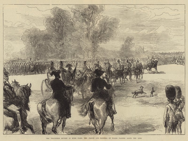 Przegląd wolontariuszy w Hyde Parku, książę i księżna Walii przechodzący wzdłuż linii autorstwa Sir John Charles Robinson