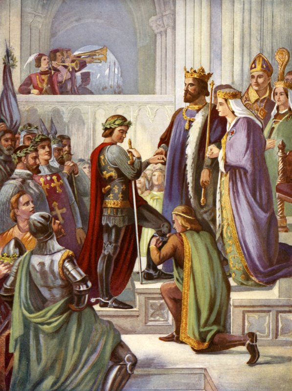 Inwestytura Czarnego Księcia jako Rycerza Podwiązki (kolor lito) autorstwa Charles West (after) Cope