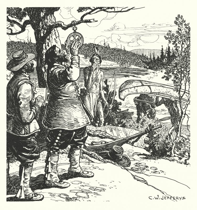 Champlain dokonujący obserwacji za pomocą astrolabium na Ottawie autorstwa Charles William (after) Jefferys