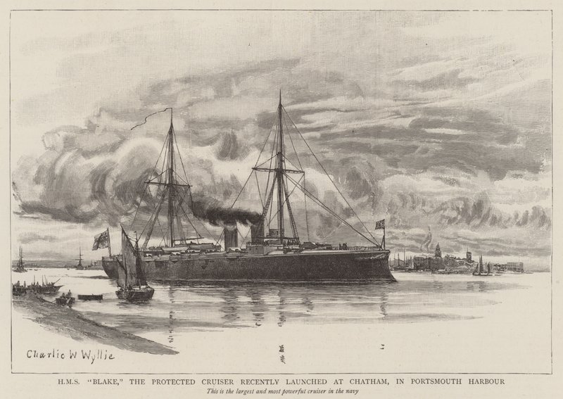 HMS Blake, chroniony krążownik niedawno zwodowany w Chatham w porcie Portsmouth autorstwa Charles William Wyllie