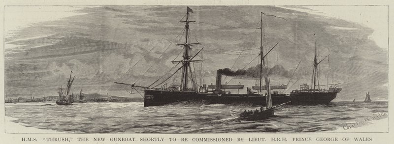 HMS Thrush, nowy Gunboat, który wkrótce zostanie oddany do użytku przez porucznika HRH Księcia Walii Jerzego. autorstwa Charles William Wyllie