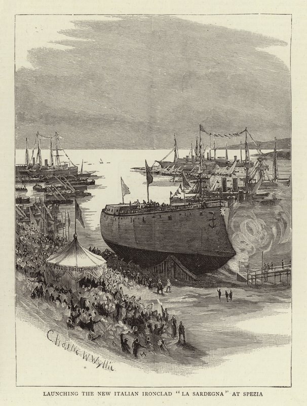 Wodowanie nowego włoskiego Ironclad La Sardegna w Spezia autorstwa Charles William Wyllie