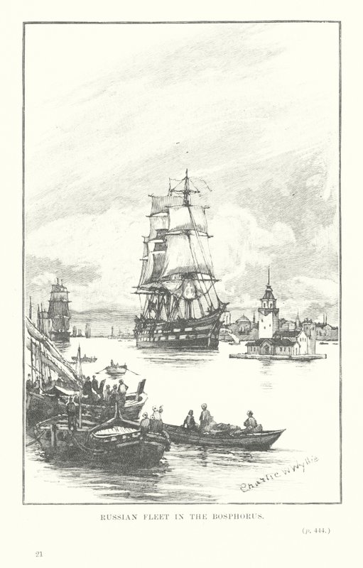 Rosyjska flota w cieśninie Bosfor (litografia) autorstwa Charles William Wyllie