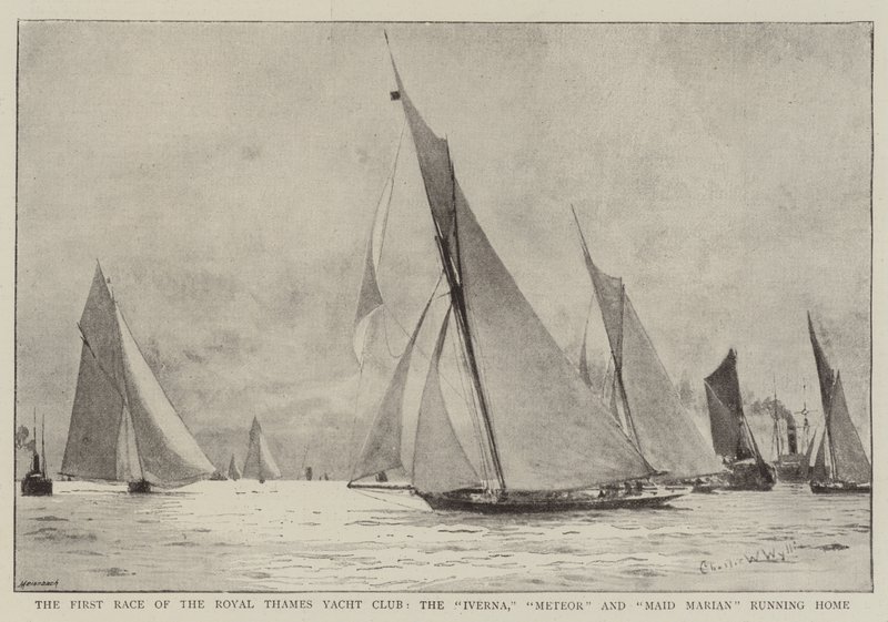 Pierwszy wyścig Royal Thames Yacht Club, Iverna, Meteor i Maid Marian w Home autorstwa Charles William Wyllie