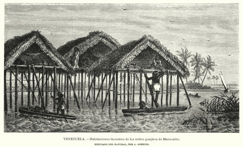 Mieszkania nad jeziorem Indian Wayuu (Guajiro), Maracaibo, Wenezuela (litho) autorstwa Christian Anton Goering