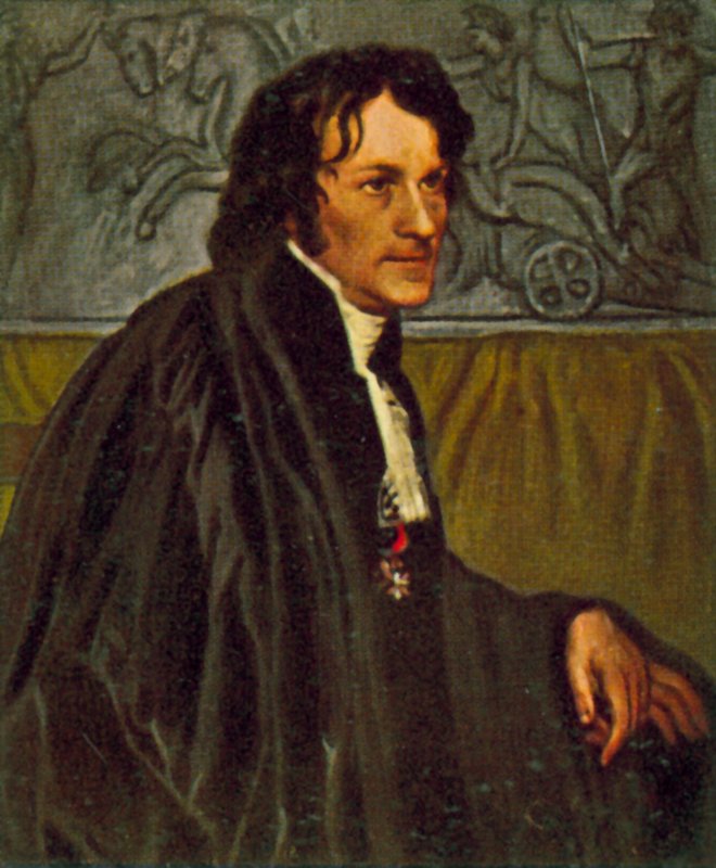 Bertel Thorvaldsen, duński rzeźbiarz (kolorowa litografia) autorstwa Christoffer Wilhelm Eckersberg