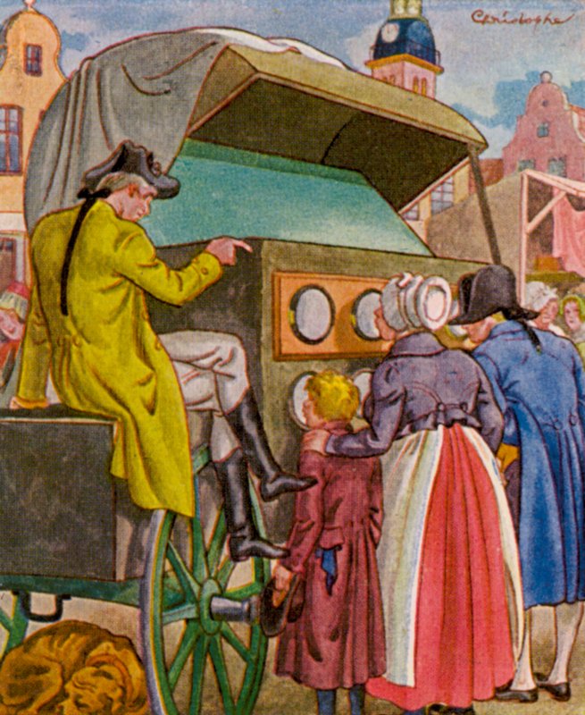 Guckkastenmann / Peep Box Man (kolorowa litografia) autorstwa Christophe (1856 1945)