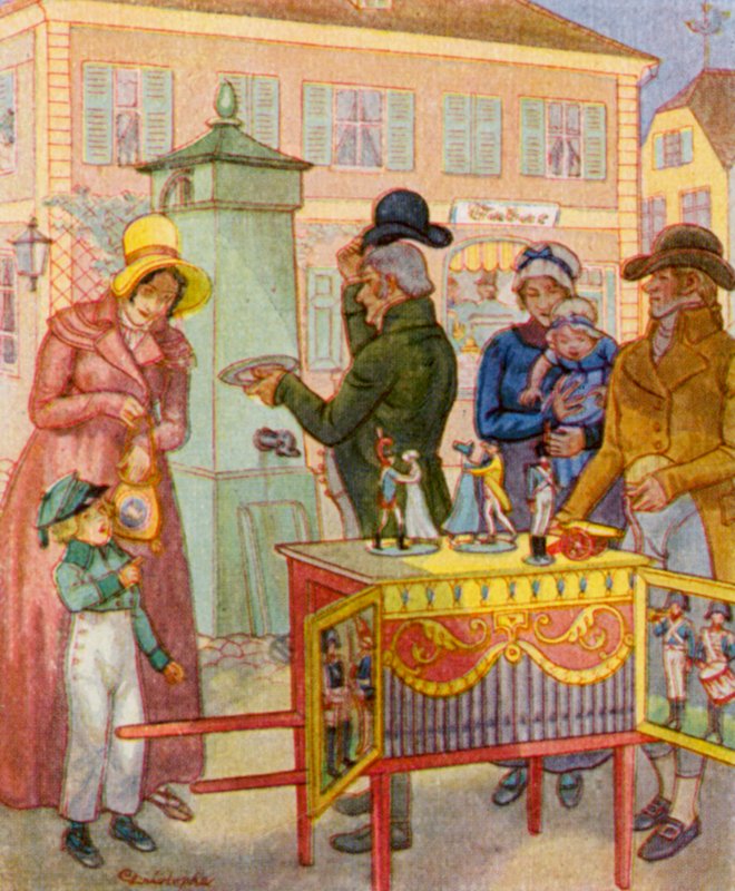 Leierkasten Mit Tanzpuppen / Organy beczkowe z tańczącymi lalkami (kolorowa litografia) autorstwa Christophe (1856 1945)