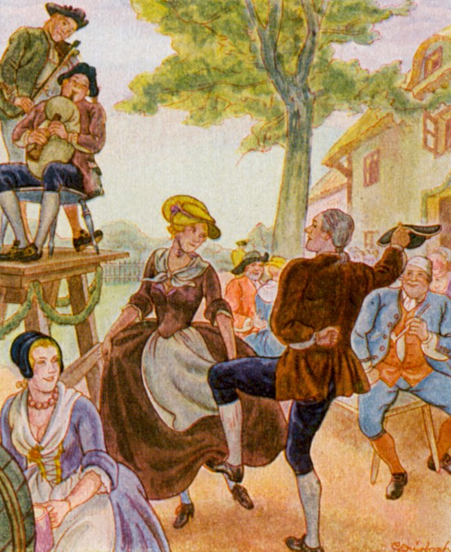 Tanz Unter Der Dorflinde / Taniec pod wiejską lipą (kolorowa litografia) autorstwa Christophe (1856 1945)