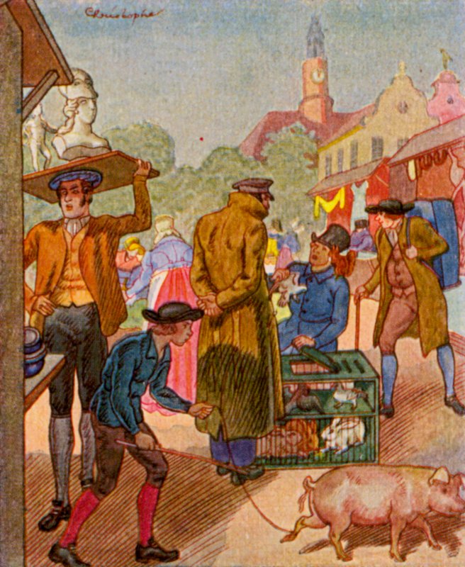 Wochenmarkt / Rynek tygodniowy (kolorowa litografia) autorstwa Christophe (1856 1945)