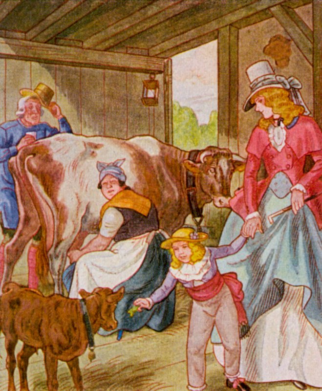 Besuch Im Kuhstall / Wizyta w oborze (kolorowa litografia) autorstwa Christophe (1856 1945)