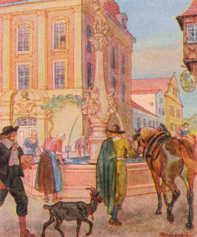 Brunnen Und Tranke / Fontanna i poidełko (kolorowa litografia) autorstwa Christophe (1856 1945)