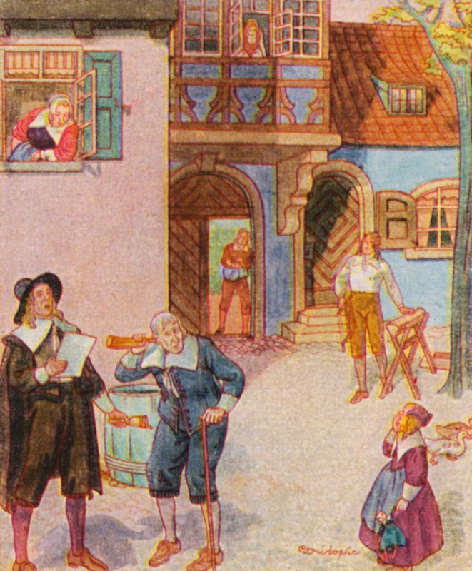 Gemeindeausrufer / Community Crier (kolorowa litografia) autorstwa Christophe (1856 1945)