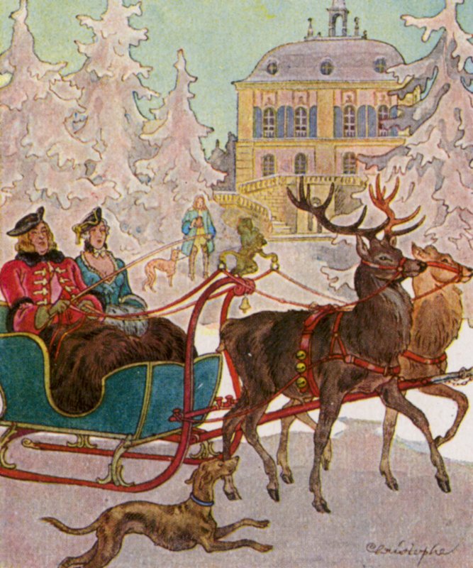 Hirschschlitten / Sanie jelenia (kolorowa litografia) autorstwa Christophe (1856 1945)