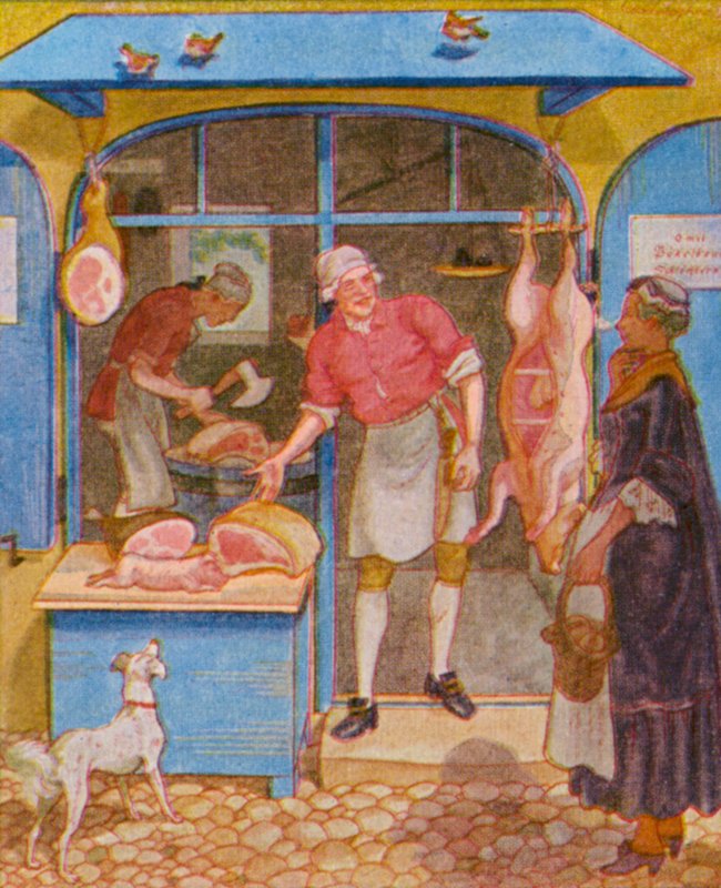 Metzgerladen / Sklep mięsny (kolorowa litografia) autorstwa Christophe (1856 1945)