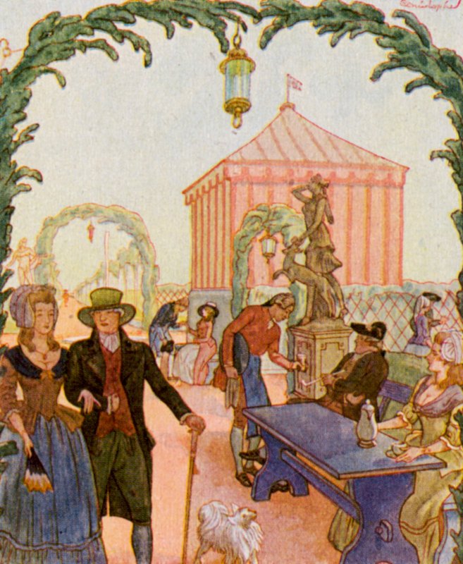 Schmausengarten Vor Nurnberg / Ogród biesiadny przed Norymbergą (kolorowa litografia) autorstwa Christophe (1856 1945)