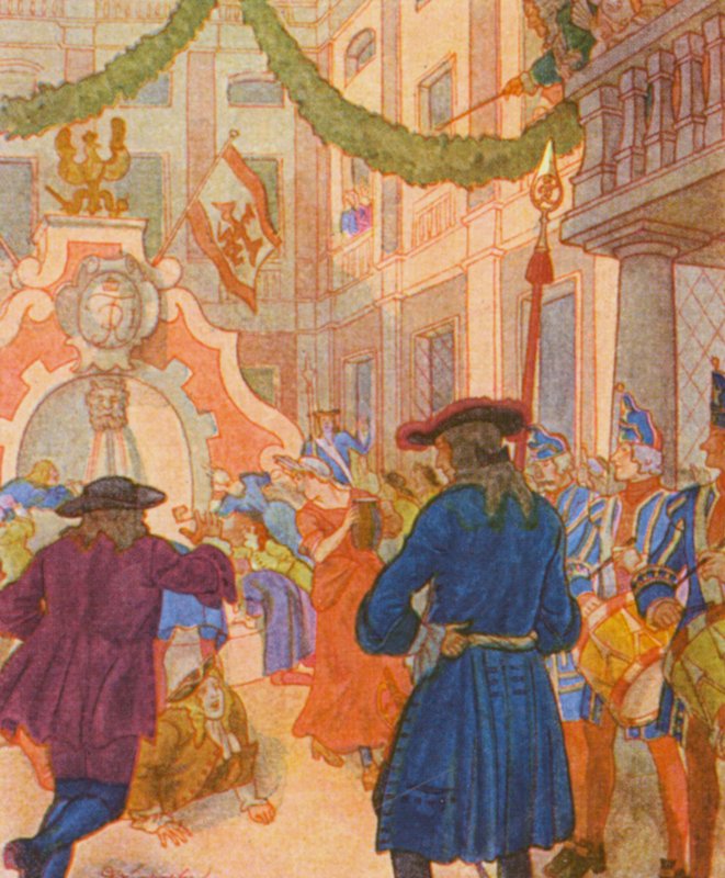 Weinbrunnen Und Ochse / Fontanna wina i wół (kolorowa litografia) autorstwa Christophe (1856 1945)
