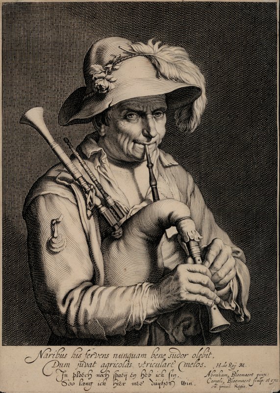 Mężczyzna grający na dudach (grafika) autorstwa Cornelis Bloemaert