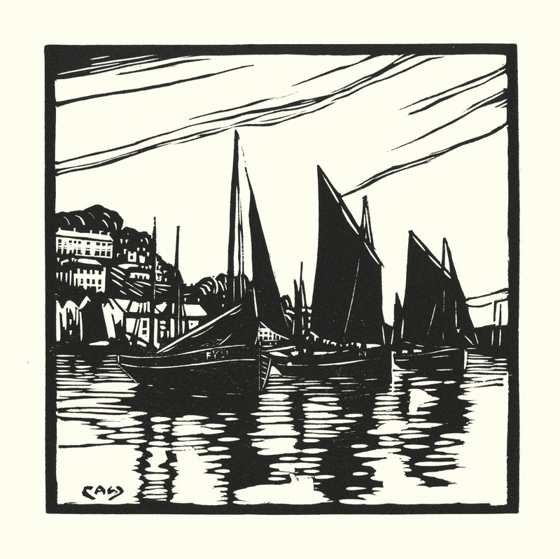 Łodzie rybackie i barki: Cornish Drifters, Looe (drzeworyt) autorstwa Cyril A. Wilkinson