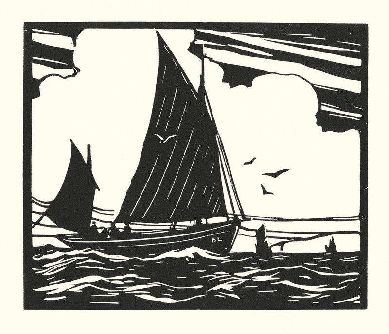 Łodzie rybackie i barki: Deal Lugger (drzeworyt) autorstwa Cyril A. Wilkinson