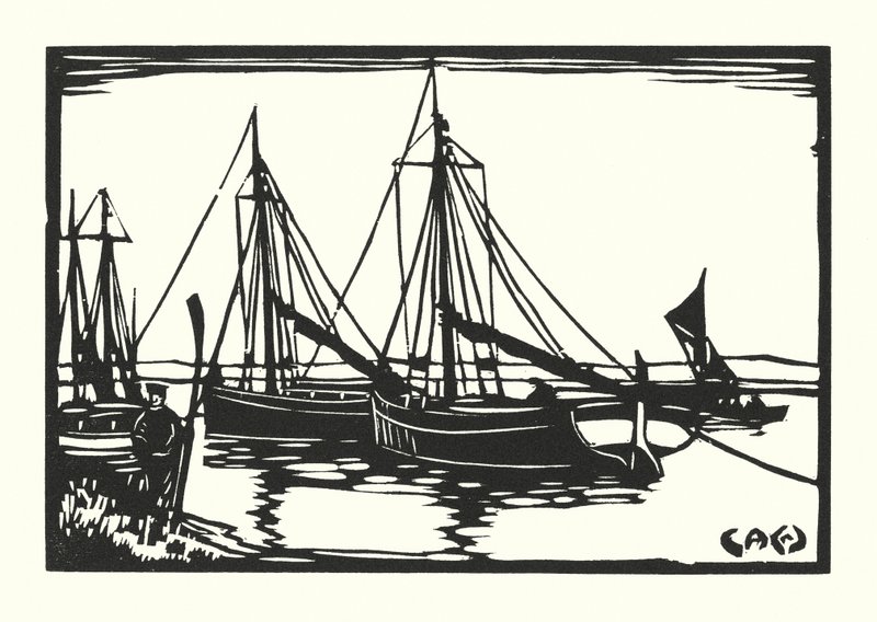 Łodzie rybackie i barki: Leigh Bawleys (drzeworyt) autorstwa Cyril A. Wilkinson