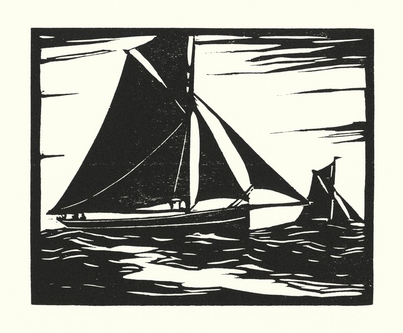 Łodzie rybackie i barki: Plymouth Long Boomer (drzeworyt) autorstwa Cyril A. Wilkinson
