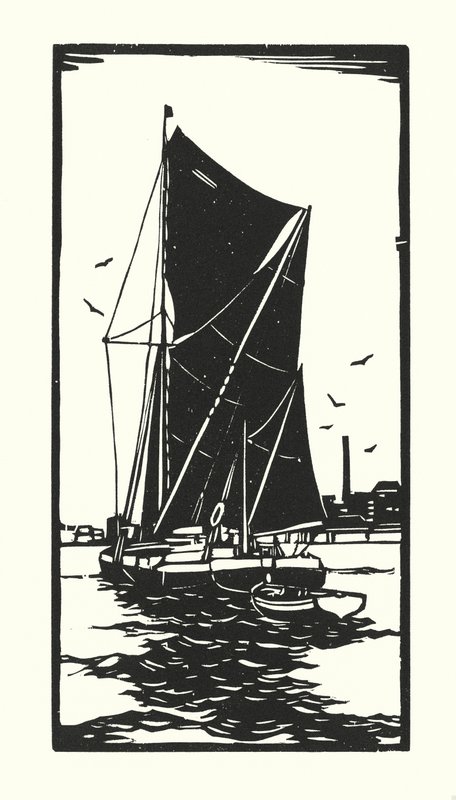 Łodzie rybackie i barki: Barka na Tamizie (drzeworyt) autorstwa Cyril A. Wilkinson