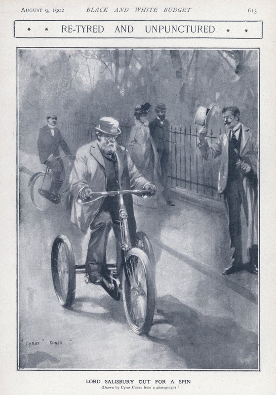 Angielski konserwatywny polityk i premier Lord Salisbury jadący na trójkołowym (litho) autorstwa Cyrus Cuneo